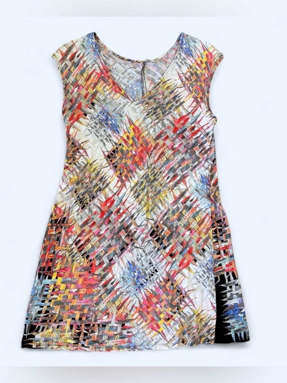 Jam’s World unique abstract bold print v neck dress Sleeveless Like new artsy L